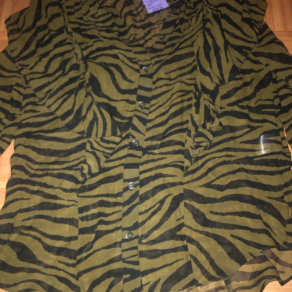 Veronica Beard Blouse Silk Zebra Print Olive Black Button-Up NEW